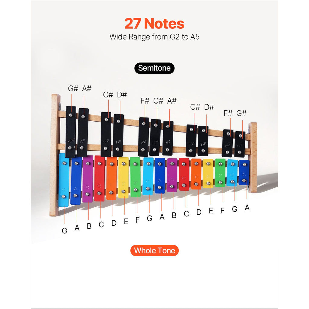 Glockenspiel Xylophone, 27 Notes, Professional Xylophone Percussion Instrument, with Colorful Metal Keys, Includes 4 Mallets, Carrying Bag, Beginner Musical Instrument Kit for Adults and Kids image 2