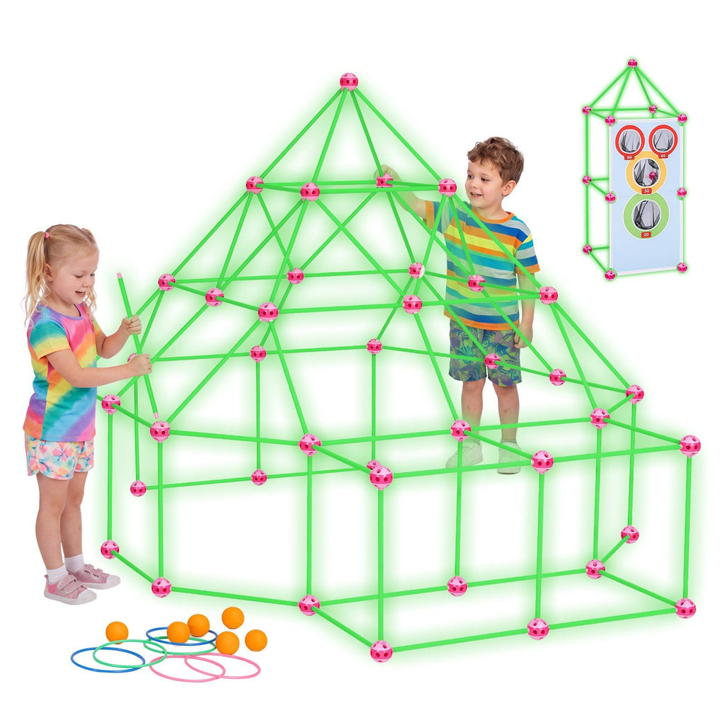 Glow-in-the-Dark Fort Building Kit for Kids, 140PCS STEM Builder Toys, for 4 5 6 7 8+ Year Old Boys Girls, Upgraded Balls, Ring & Ball Toss, Educational Activity Indoor Outdoor Play, Storage Bag