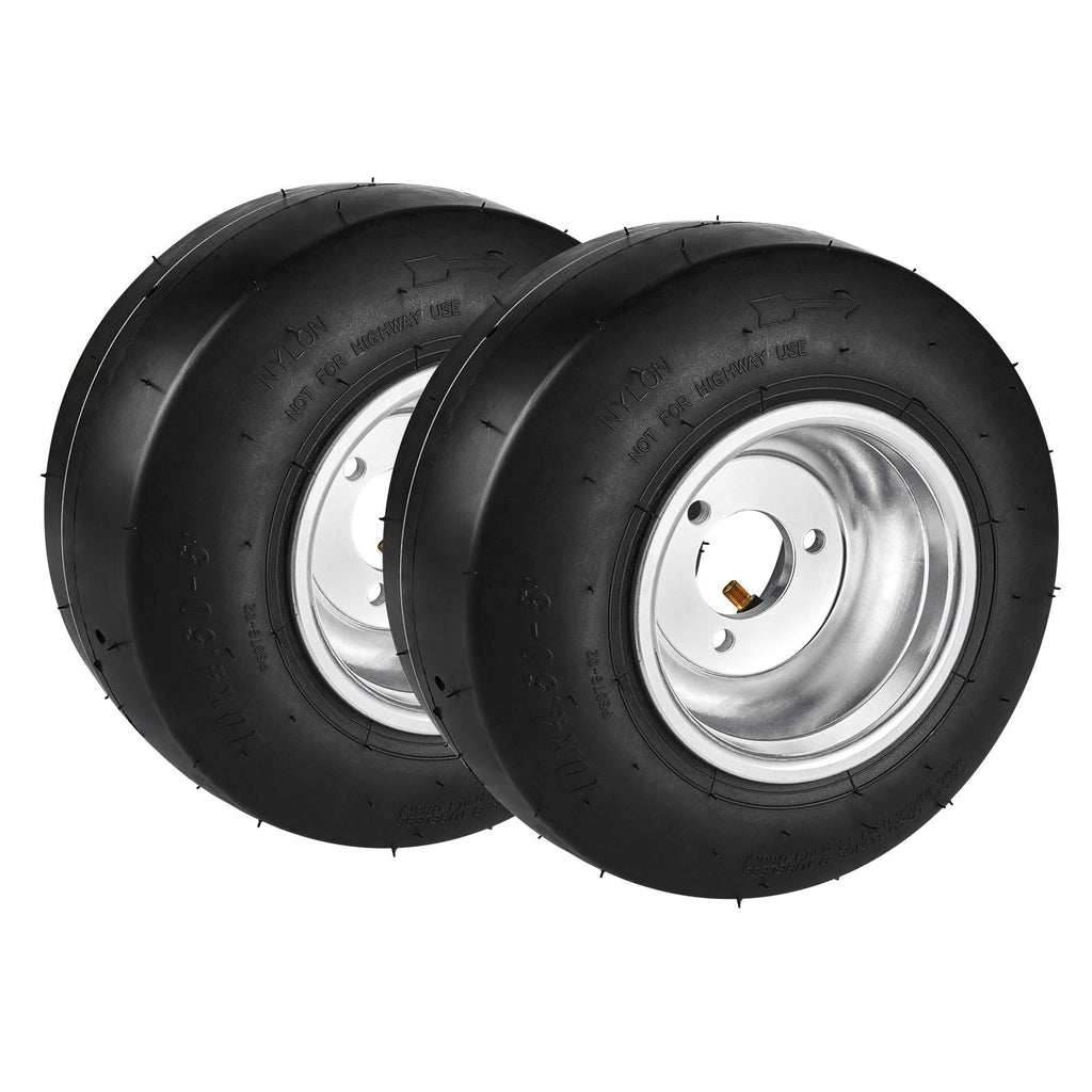 Go Kart Tires and Rims, 10x4.5-5" Go Kart Wheels, 2-Pack Front Wheels, Aluminum Alloy Rims and Rubber Tires, Hub-Rim Fit Bolt Pattern 1.57 inch with 3 Bolt Holes, Replacement Pneumatic Tire