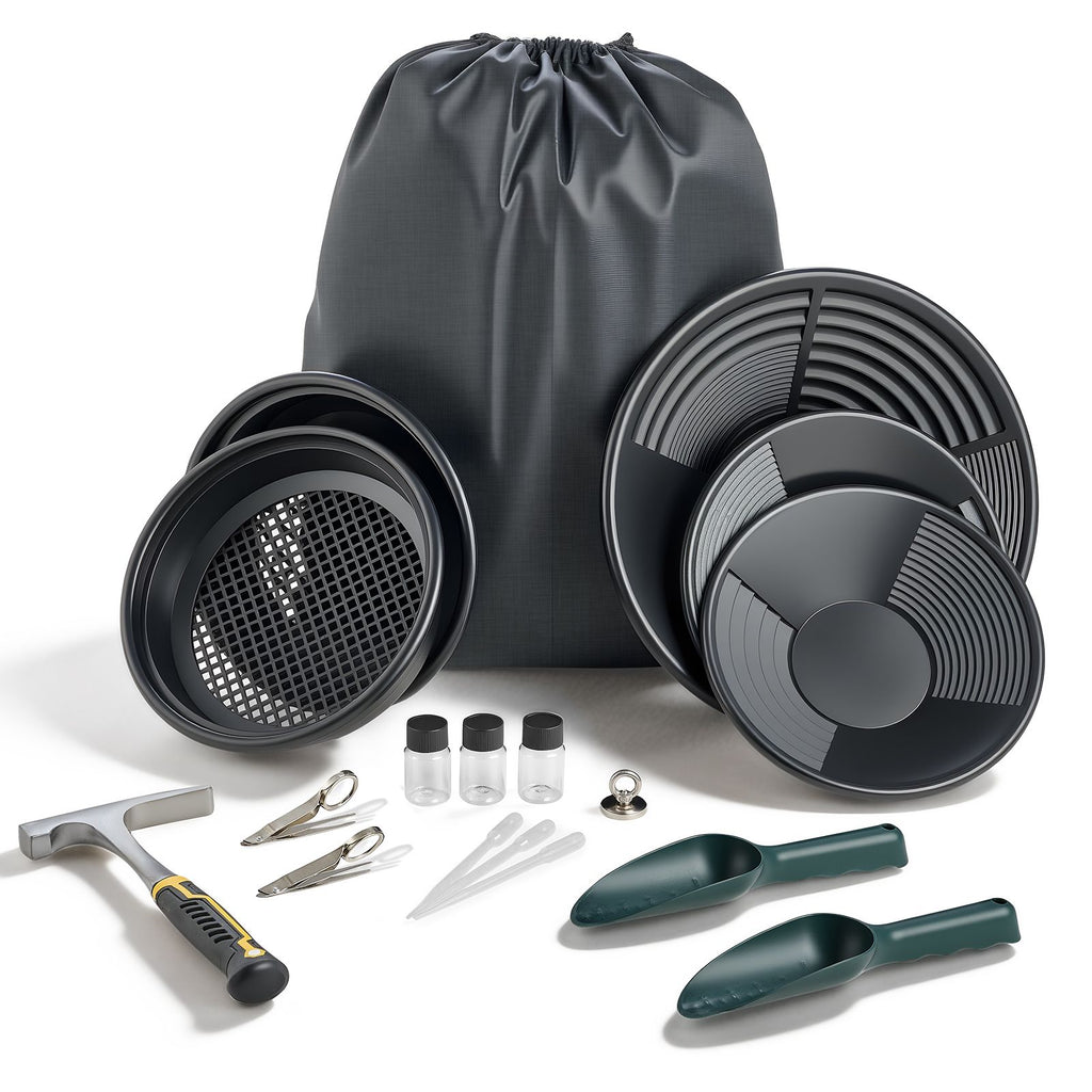 Gold Panning Kit, 10 in and 14 in Pans, 19 PCS Portable Prospecting Equipment Kit with Classifier Sieves, Sand Magnet, Rock Pick, Scoops, Backpack, and Accessories, for Outdoor Gold Recovery