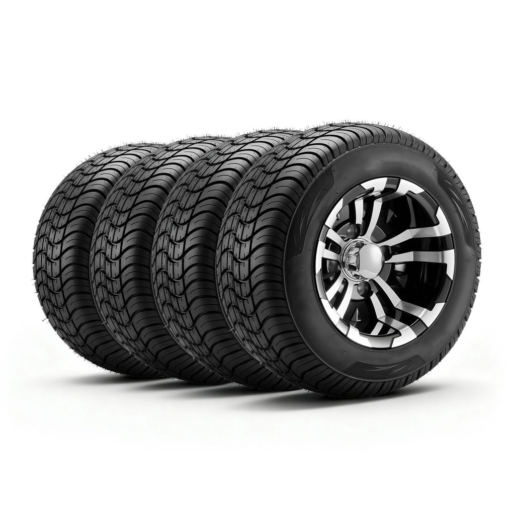 Golf Cart Wheels, 10" 205/50-10 Black Aluminum Alloy Golf Cart Tires and Wheels Combo (Set of 4) Fit Club Car, EZGO, Yamaha, 4 Ply Rubber 4-Lug Lawn Mower Tires & Rims, 675 lbs Load, All-Terrain