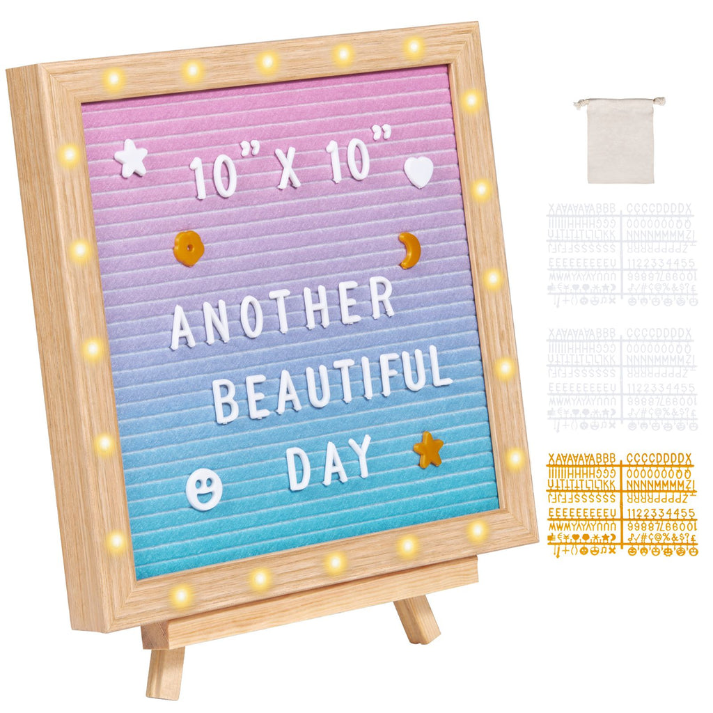 Gradient Felt Letter Board, 10"x10" Felt Message Board, Changeable Sign Boards with 510 Letters, Stand, and Built-in LED Lights, Baby Announcement Sign for Home Classroom Office Decor Wedding