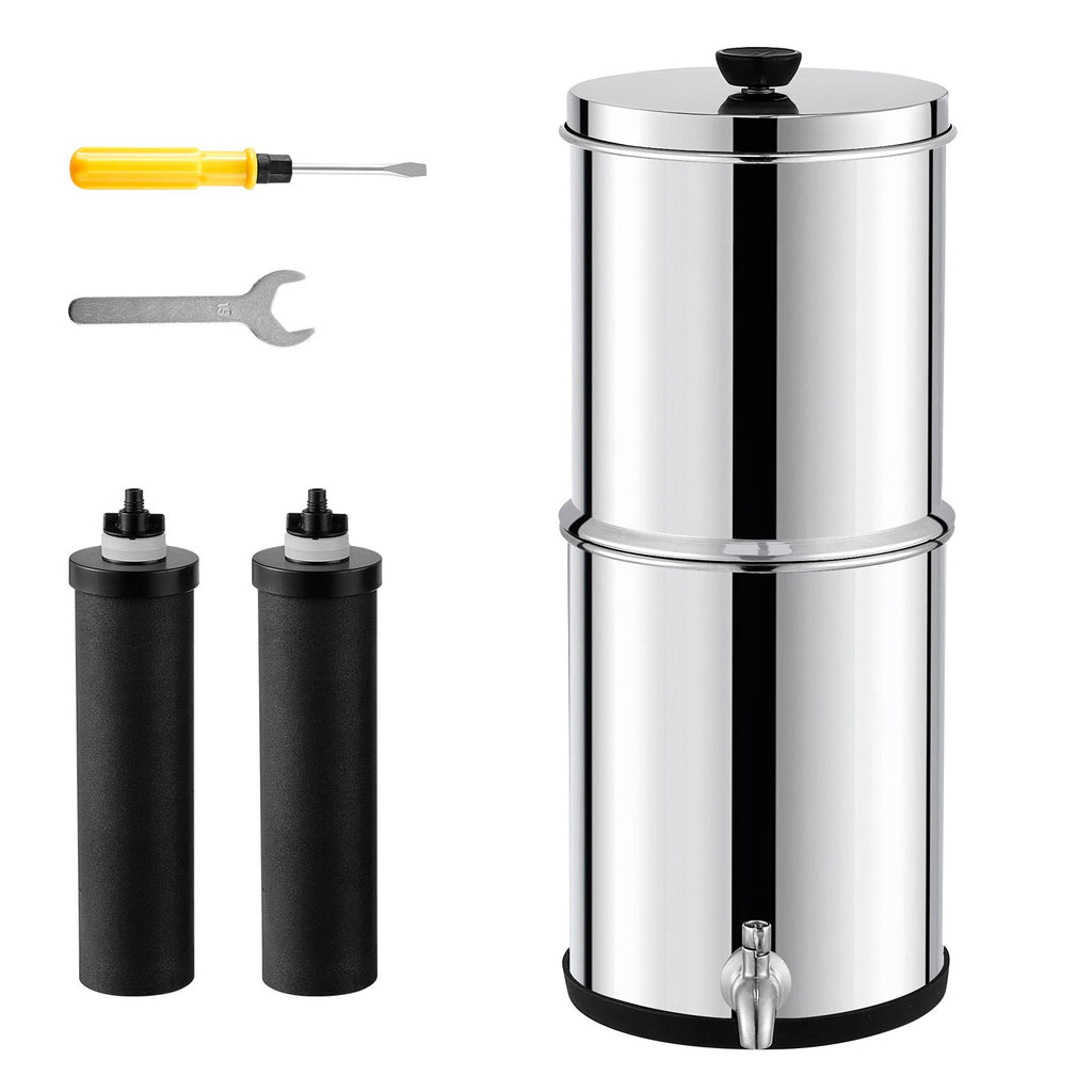 Gravity-fed Water Filter System, 1.5G 304 Stainless-Steel Countertop System, Water Filtration System, Reduces Lead and up to 99% of Chlorine, with 2 Carbon Filters & Spigot, for Home Camping RV