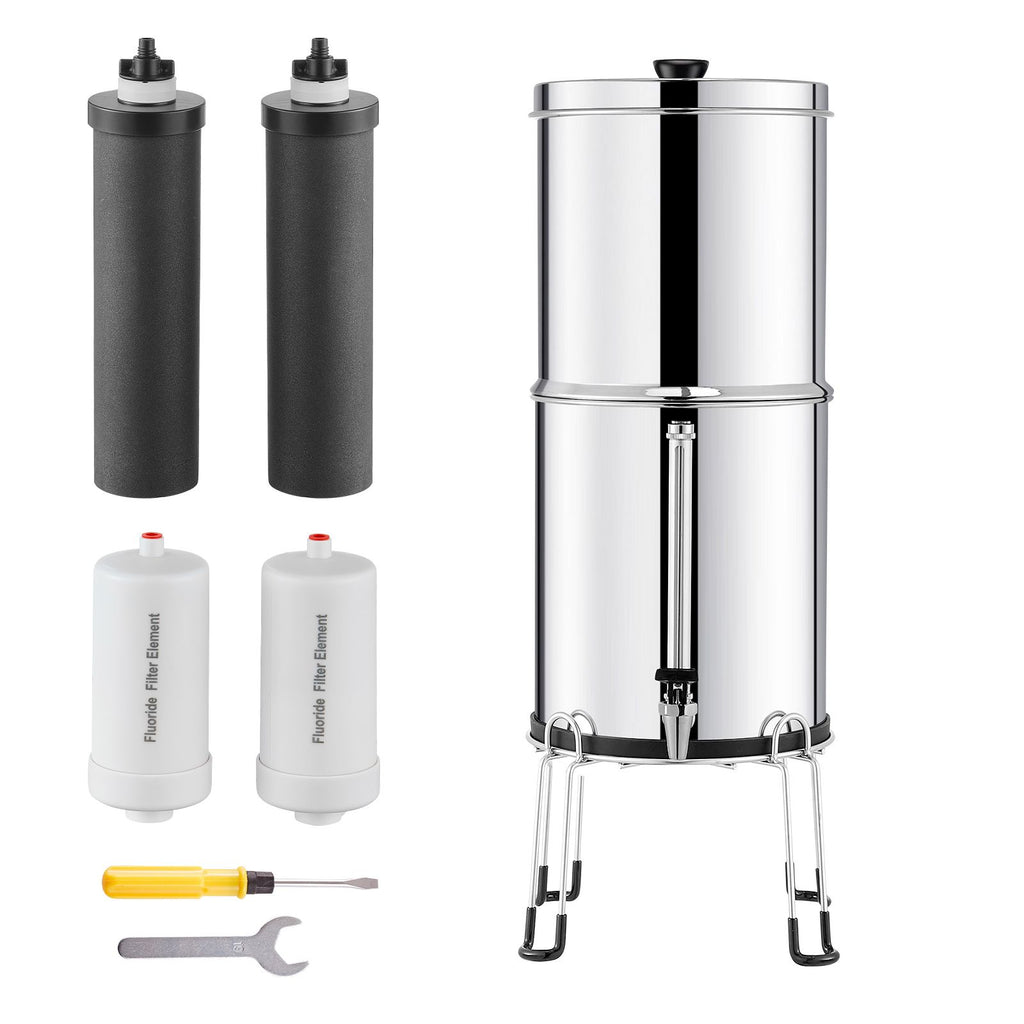 Gravity-fed Water Filter System, 2.25G 304 Stainless-Steel Countertop Filtration System, Reduces Lead and up to 99% of Chlorine, with 2 Activated Carbon Filter, 2 Defluorination Filter, Spigot