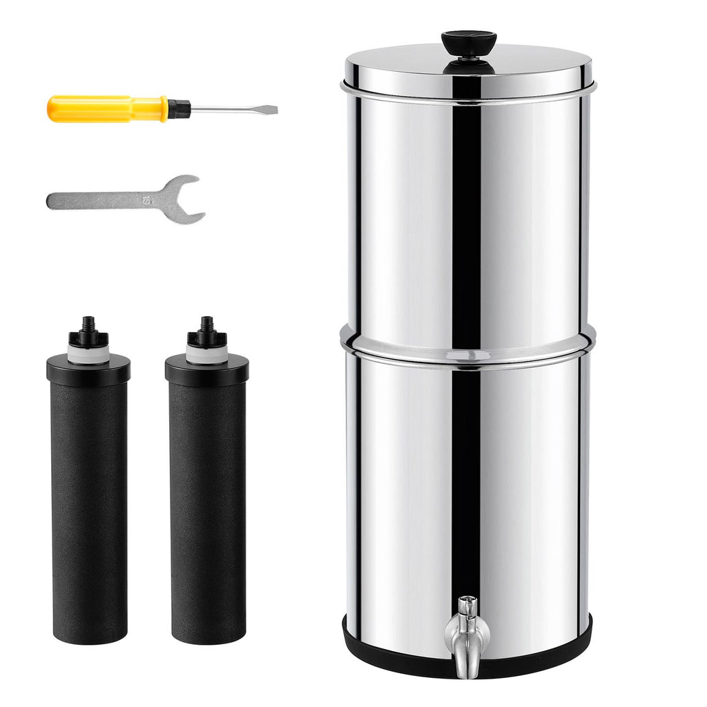 Gravity-fed Water Filter System, 2.25G 304 Stainless-Steel Countertop System, Water Filtration System, Reduces Lead and up to 99% of Chlorine, with 2 Carbon Filters & Spigot, for Home Camping RV