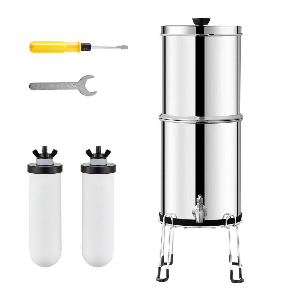 Gravity-fed Water Filter System, 2.25G 304 Stainless-Steel Countertop Water Filtration System, Reduces Lead and up to 99% of Chlorine, with 2 Ceramic Carbon Filters, Spigot, and Stand