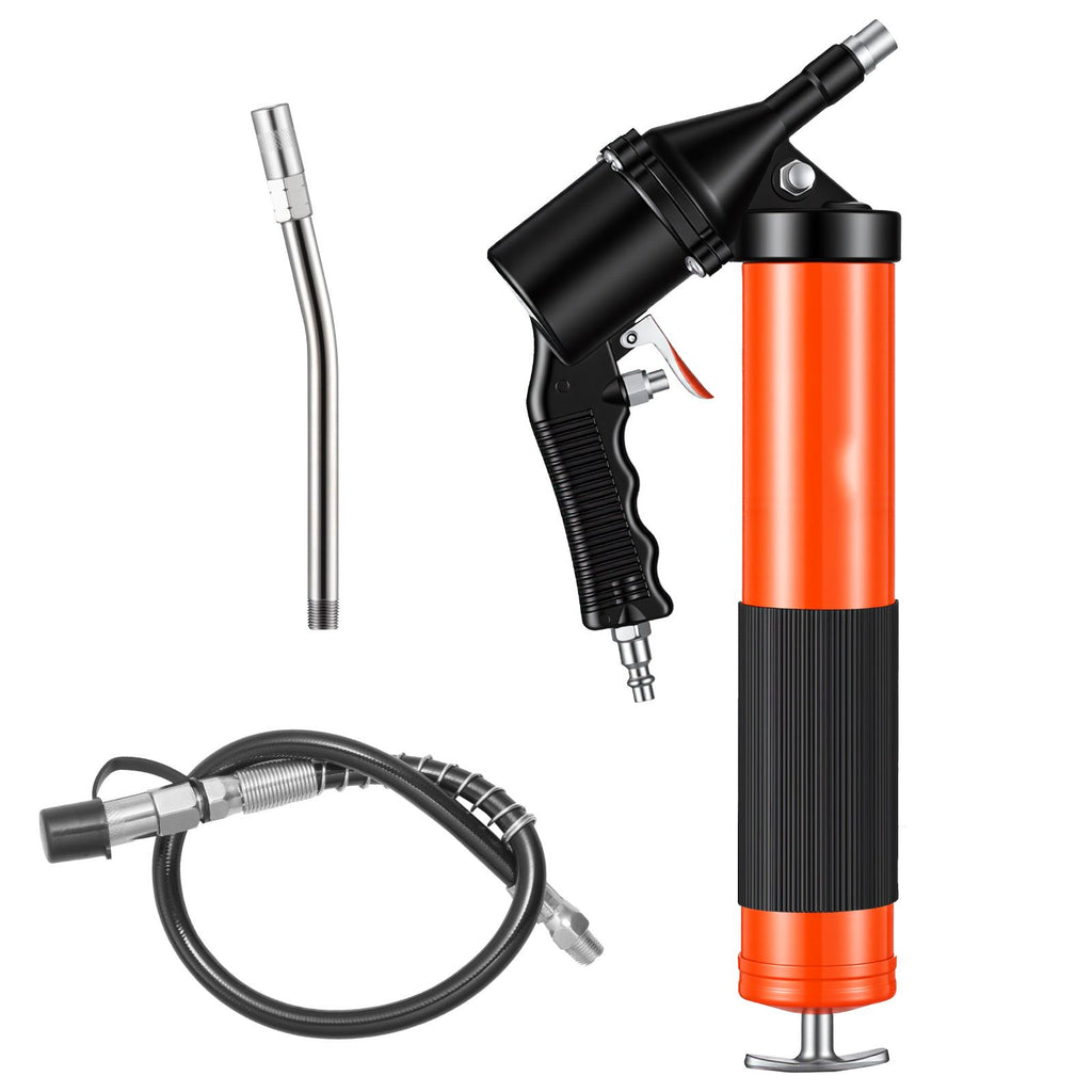 Grease Gun, Continuous Cycle Heavy Duty 6000 PSI High Pressure, Pistol Grip Grease Gun Kit with 14 oz Capacity, Includes 18-Inch Flex Hose, 1 Extension Rigid Pipe, 2 Flat Nozzles for Automotive
