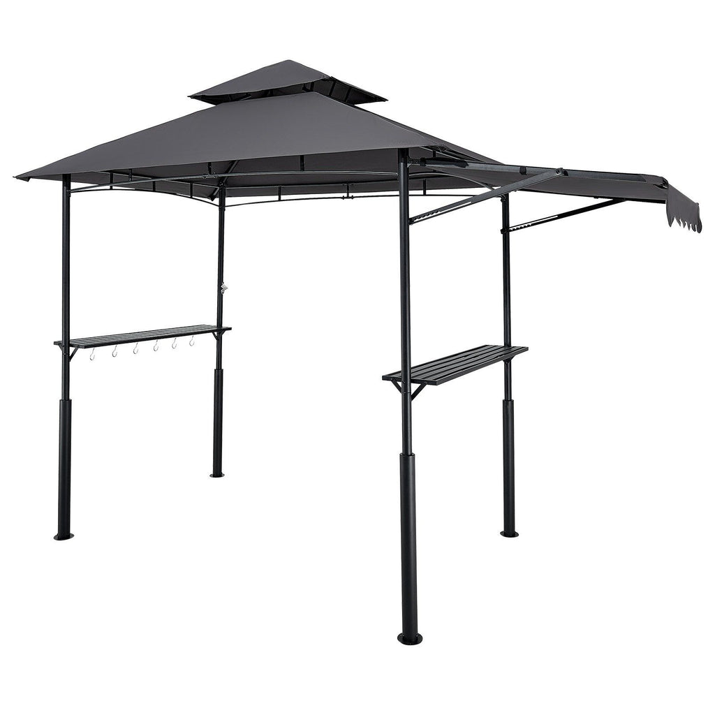 Grill Gazebo, 8 x 5 ft Double-Tiered Top, BBQ Gazebo with Extra Awning, Powder-Coated Steel Patio Grill Shelter with 2 Side Shelves, Bottle Opener & Hooks, Outdoor Grilling Canopy for Garden