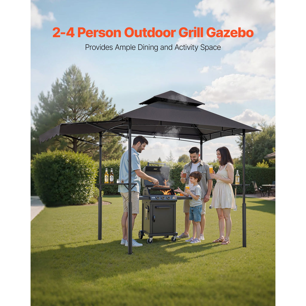 Grill Gazebo, 8 x 5 ft Double-Tiered Top, Reinforced BBQ Gazebo with Extra Awning, Powder-Coated Steel Patio Grill Shelter with 2 Side Shelves & Hooks, Outdoor Grilling Canopy for Garden image 2