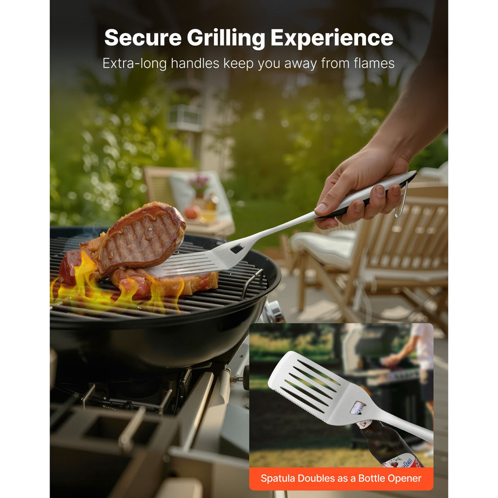 Grilling Accessories, 4PCS BBQ Grill Tool Set, Heavy Duty Stainless Steel Barbecue Tools, Kitchen Utensils with Tong, Spatula, Fork, Brush, for Outdoor Grills, Gift for Father Men Husband