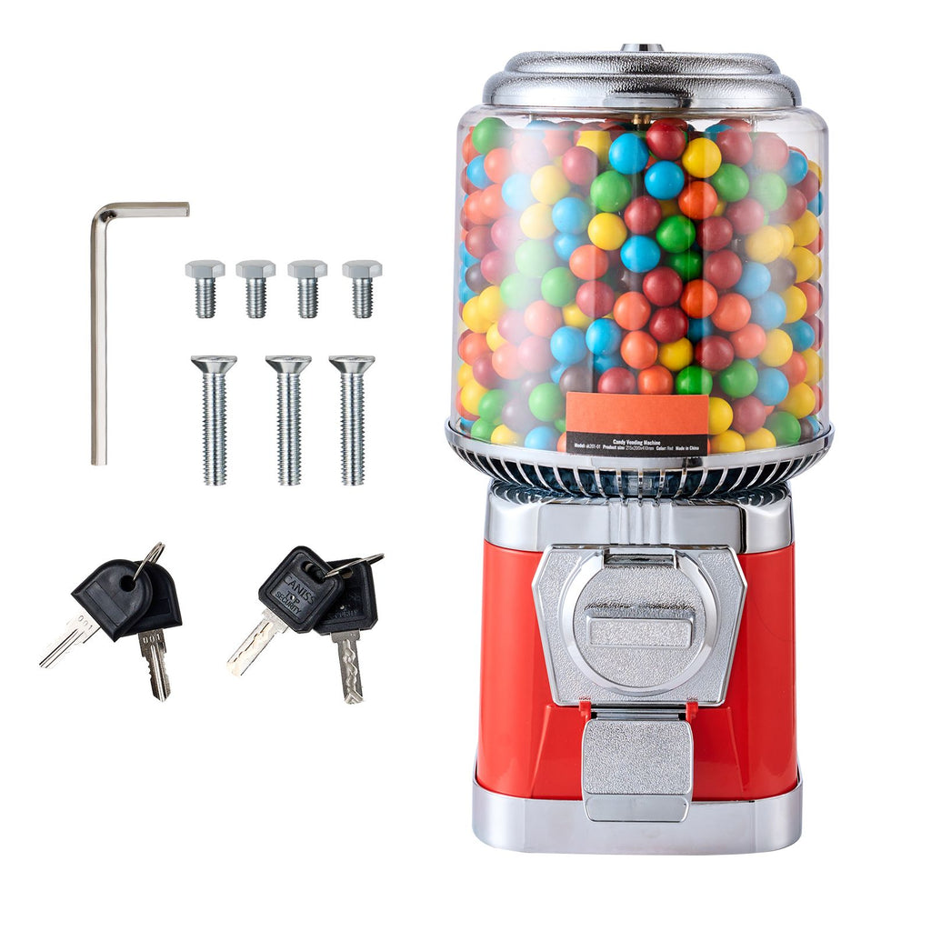 Gumball Machine for Kids, 16"H Home Candy Vending Machine, PC Round Gumball Dispenser, Bubble Gum Machine for Game Stores, Coin Operated Gumball Bank for Toy Capsules Bouncy Balls Candy, Red