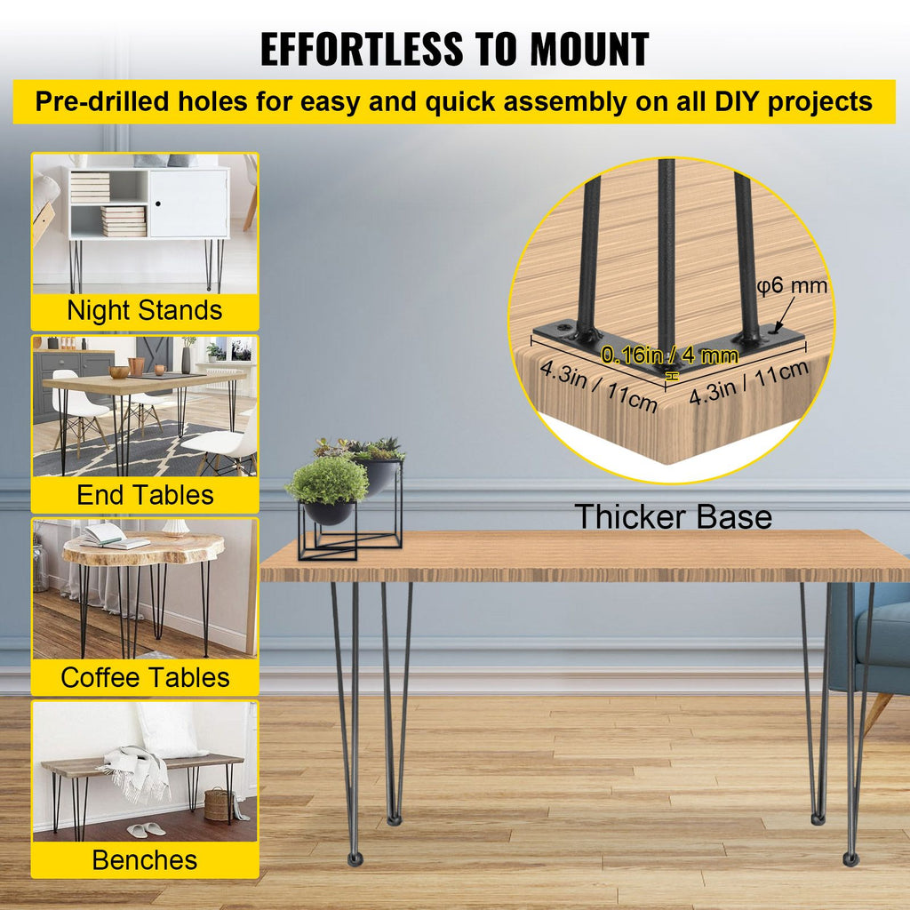 Hairpin Table Legs 16\" Black Set of 4 Desk Legs 880lbs Load Capacity (Each 220lbs) Hairpin Desk Legs 3 Rods for Bench Desk Dining End Table Chairs Carbon Steel DIY Heavy Duty Furniture Legs