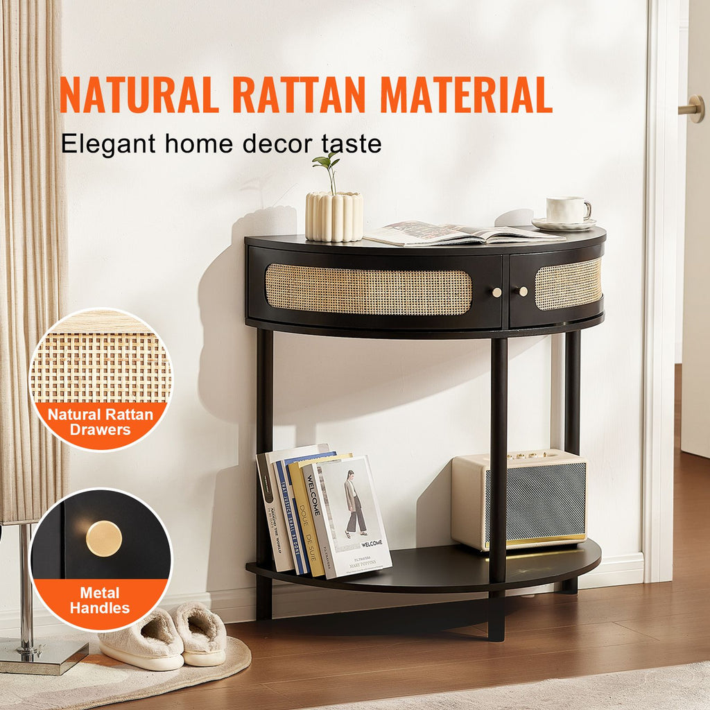 Half-moon Rattan Console Table with 2 Drawers, Rattan Entryway Table with Natural Rattan Sliding Door, Console Table with Storage for Living Room, Study, Entryway Or TV Wall, Black image 2