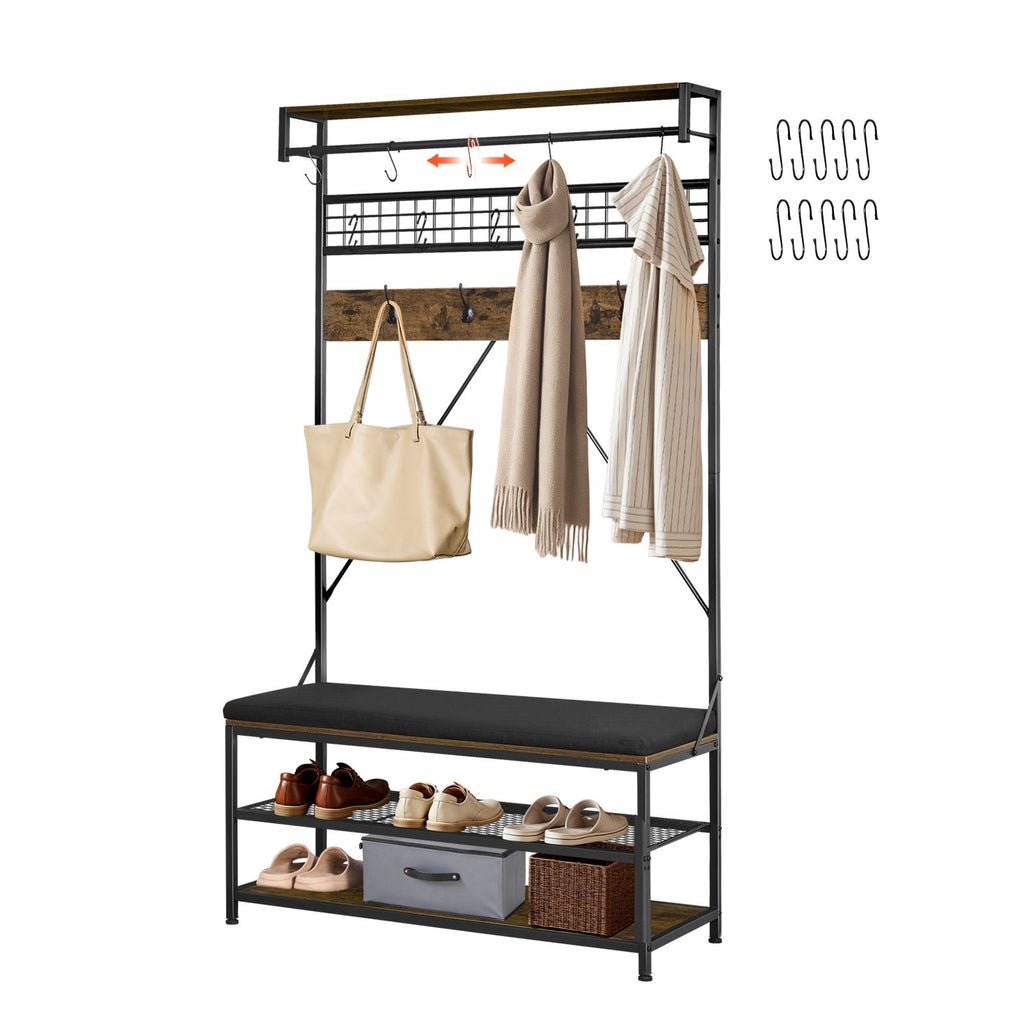 Hall Tree, 72 in Coat Rack with Shoe Bench, 2-Tier Freestanding Shoe Rack Storage Organizer with Hooks, Hanging Rod and Wire Shelf, Steel Frame Entrance Coat Holder for Entry, Bedroom, Closet