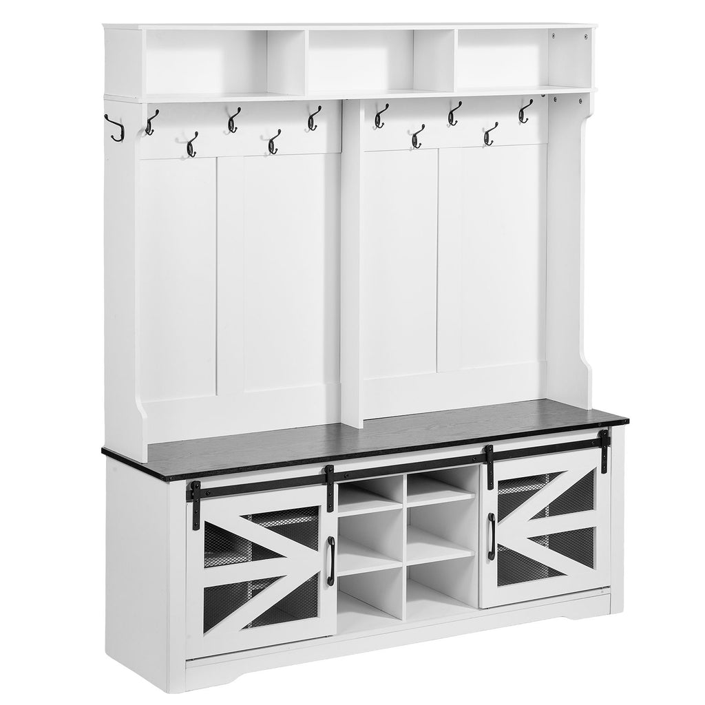Hall Tree Entryway Bench, LED Coat Rack with Shoe Storage, 59" Wide Mudroom bench with Storage and Seating, Adjustable Shelves and 12 Hanging Hooks, for Mudroom, Entryway, Hallway