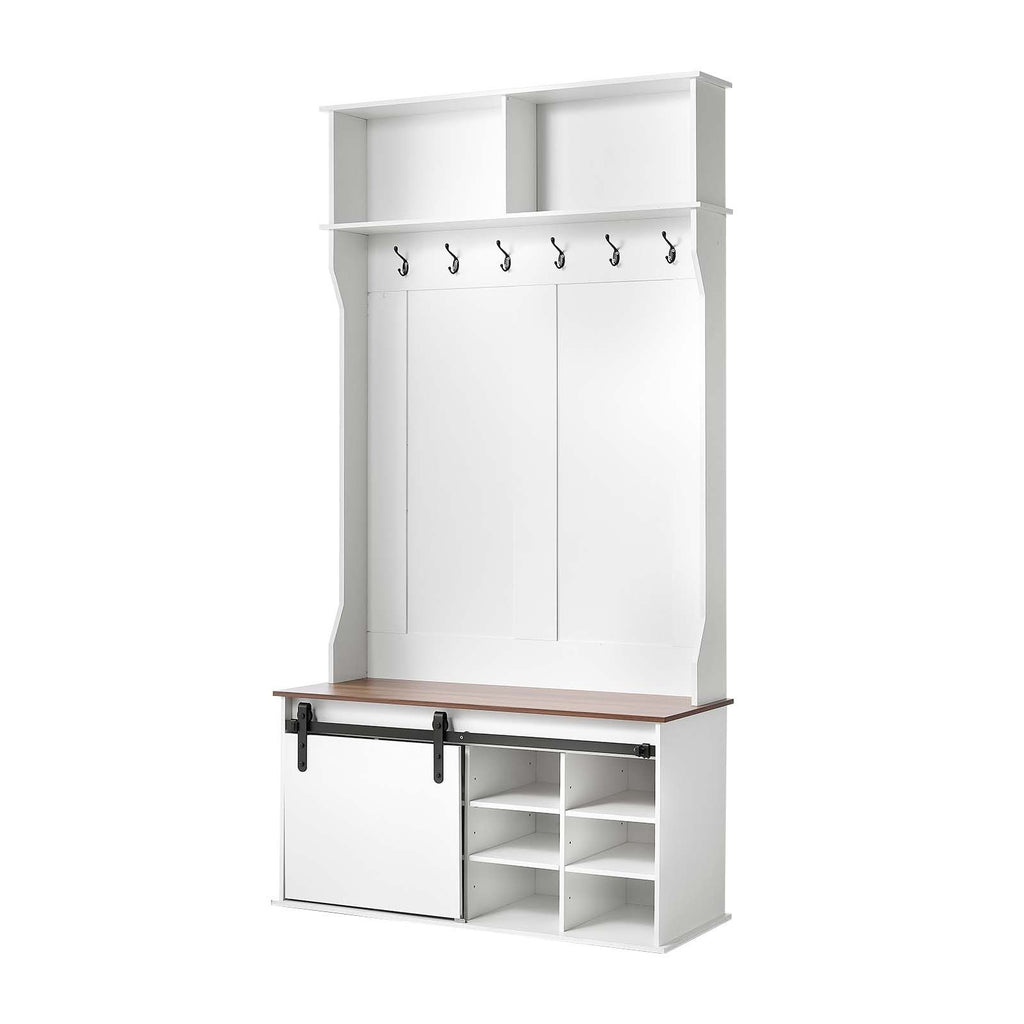 Hall Tree with Bench and Shoe Storage, 42" Wide, Entryway Hall Tree with Bench, Hanging Hooks, Storage Shelves, Adjustable Shoe Shelves, Wooden Furniture for Mudroom, Entryway, Hallway, White