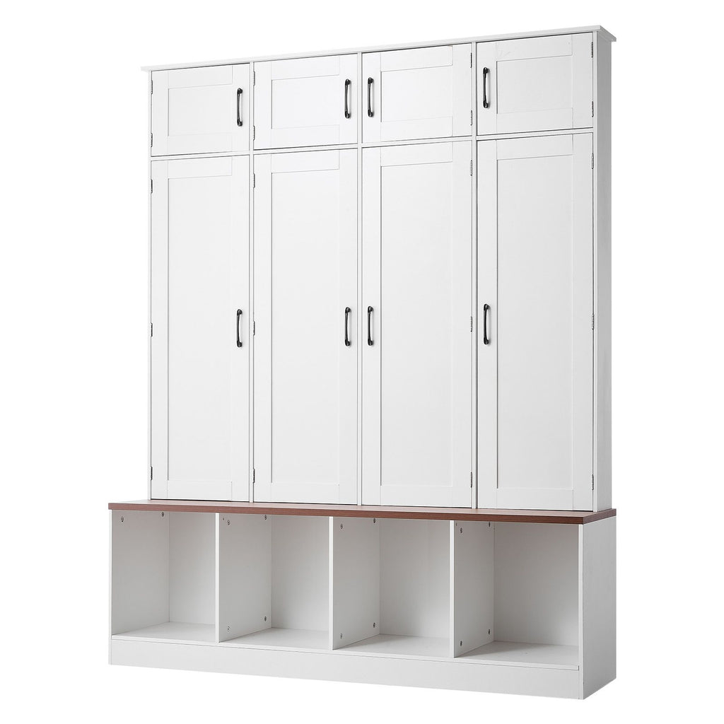 Hall Tree with Bench and Shoe Storage, 59" Wide, 4-in-1 Entryway Hall Tree with Bench, Hanging Hooks, Storage Cabinet, and Shoe Cabinet, Wooden Furniture for Mudroom, Entryway, Hallway, White