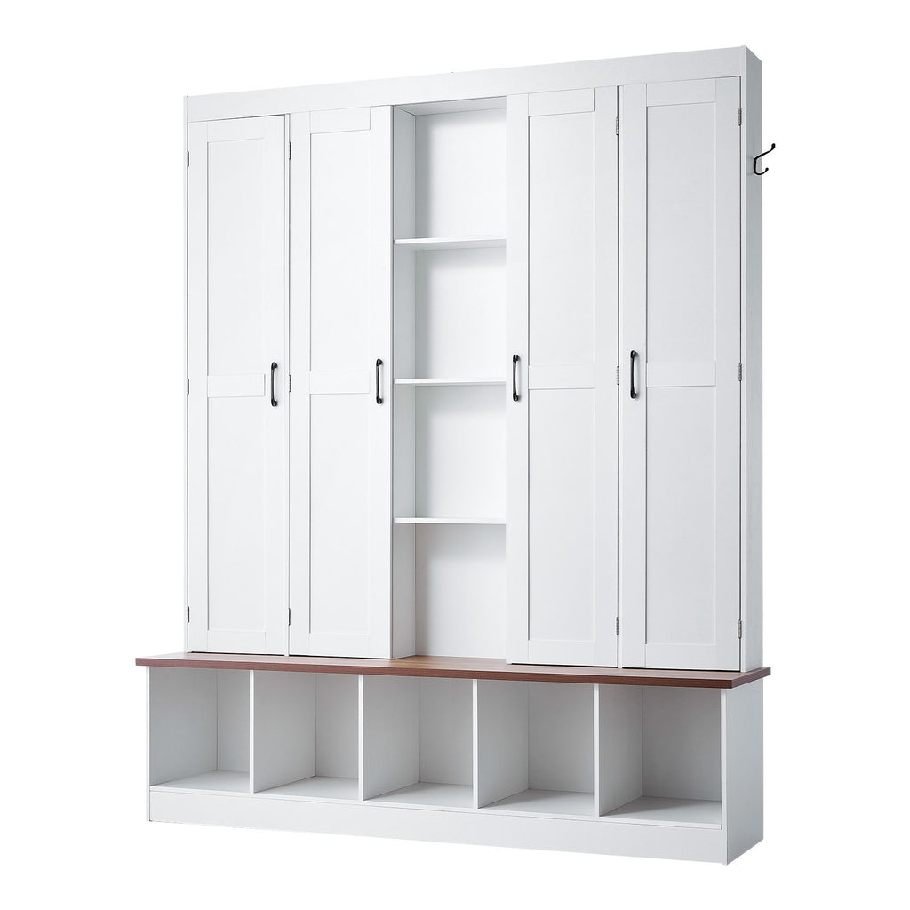 Hall Tree with Bench and Shoe Storage, 63" Wide, 4-in-1 Entryway Hall Tree with Bench, Hanging Hooks, Storage Cabinet, and Shoe Cabinet, Wooden Furniture for Mudroom, Entryway, Hallway, White