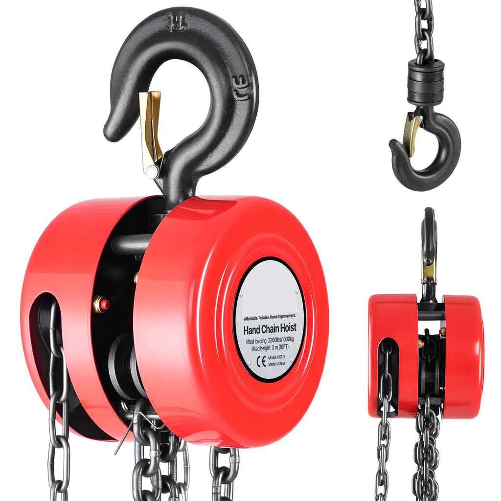 Hand Chain Hoist, 1 Ton 2200 lbs Capacity, Manual Chain Block with Upgrade G70 Galvanized Chain, 10 ft Lifting Height, Heavy Duty Pulley Hoist for Garage Warehouse Automotive Machinery, Red