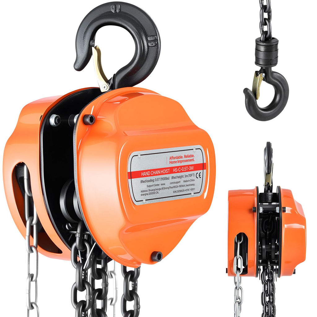 Hand Chain Hoist, 1/2 Ton 1100 lbs Capacity, Manual Chain Block with Upgrade G80 Galvanized Chain, 10 ft Lifting Height, Heavy Duty Pulley Hoist for Garage Warehouse Automotive Machinery, Orange