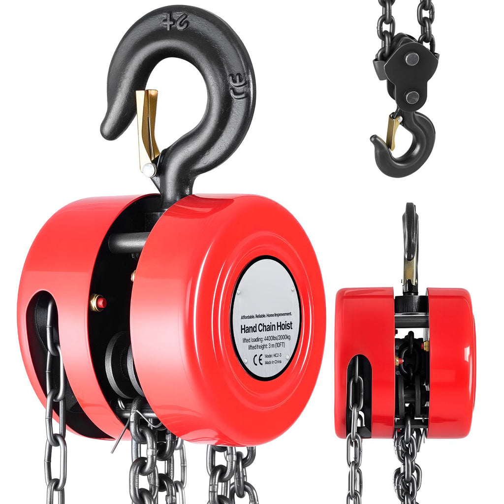 Hand Chain Hoist, 2 Ton 4400 lbs Capacity, Manual Chain Block with Upgrade G70 Galvanized Chain, 10 ft Lifting Height, Heavy Duty Pulley Hoist for Garage Warehouse Automotive Machinery, Red