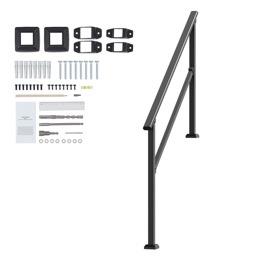 Handrails for Outdoor Steps, 4-5 Step Stair Hand Rail Kit, Transitional Carbon Steel Railings with Installation Kit, Stair Rails for Seniors, Concrete Steps & Porch & Deck, Black Square Tube
