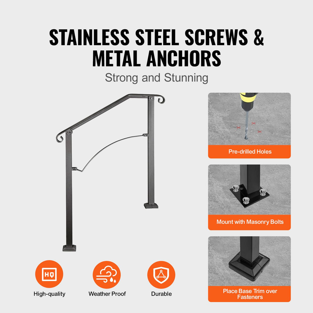 Handrails for Outdoor Steps, Fit 2 or 3 Steps Outdoor Stair Railing, Arch#2 Wrought Iron Handrail, Flexible Porch Railing, Black Transitional Handrails for Concrete Steps or Wooden Stairs image 2