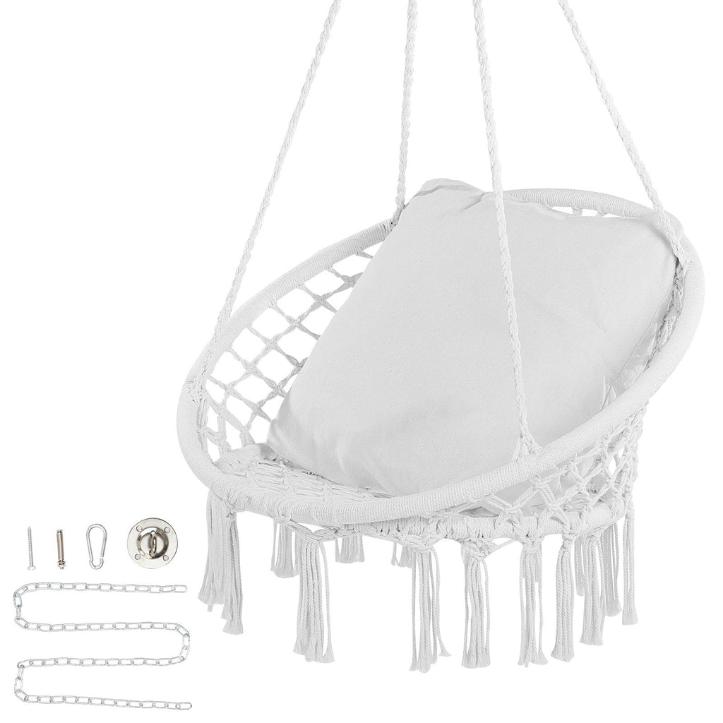Hanging Hammock Swing Chair, 330 lbs Capacity, Macramé Hanging Chair with Cushion and Mounting Hardware, Cotton Rope Swing Chair for Bedroom, Balcony, Patio, Garden, White