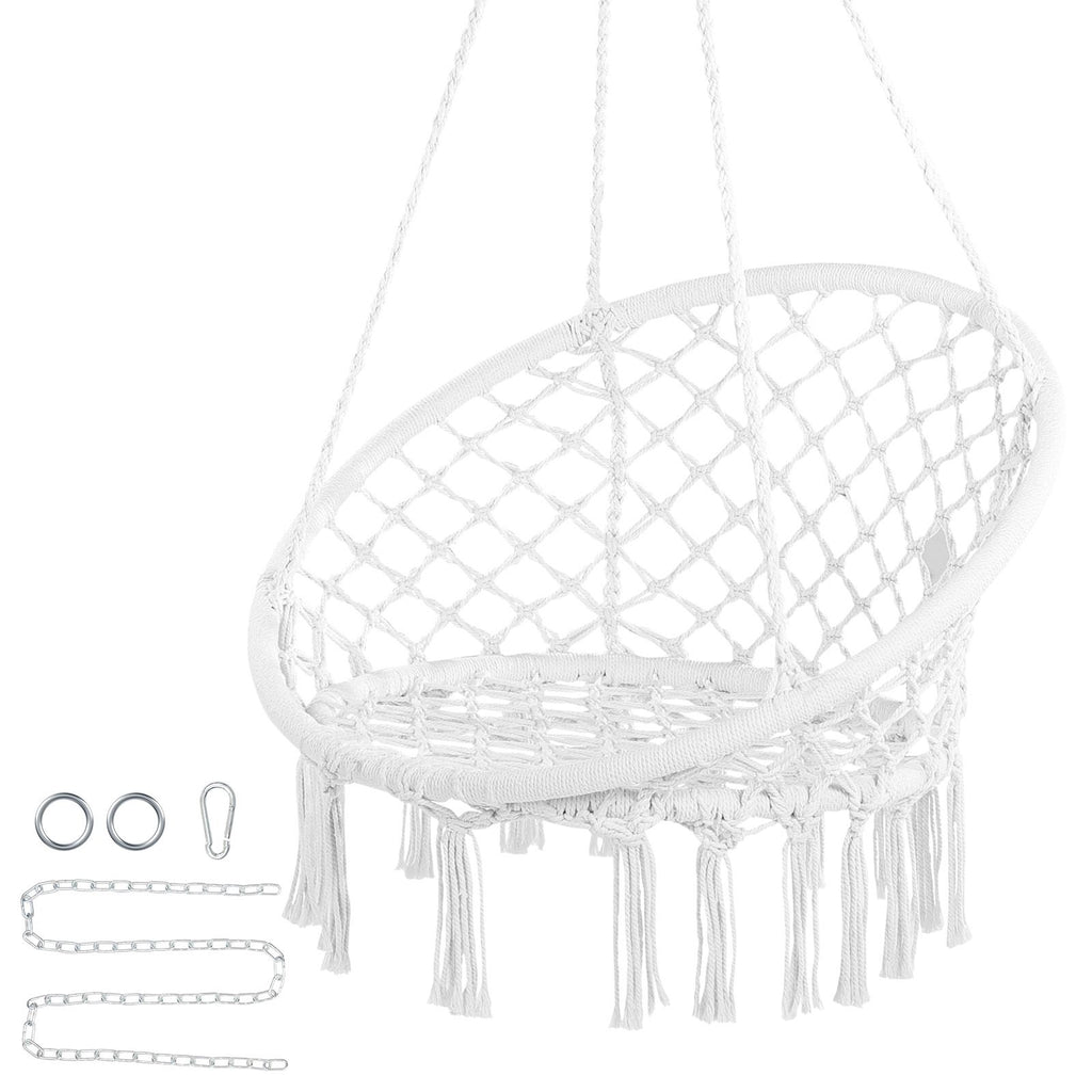Hanging Hammock Swing Chair, 330 Lbs Capacity, Macramé Hanging Chair with Mounting Hardware, Cotton Rope Swing Chair for Bedroom, Balcony, Patio, Garden, White
