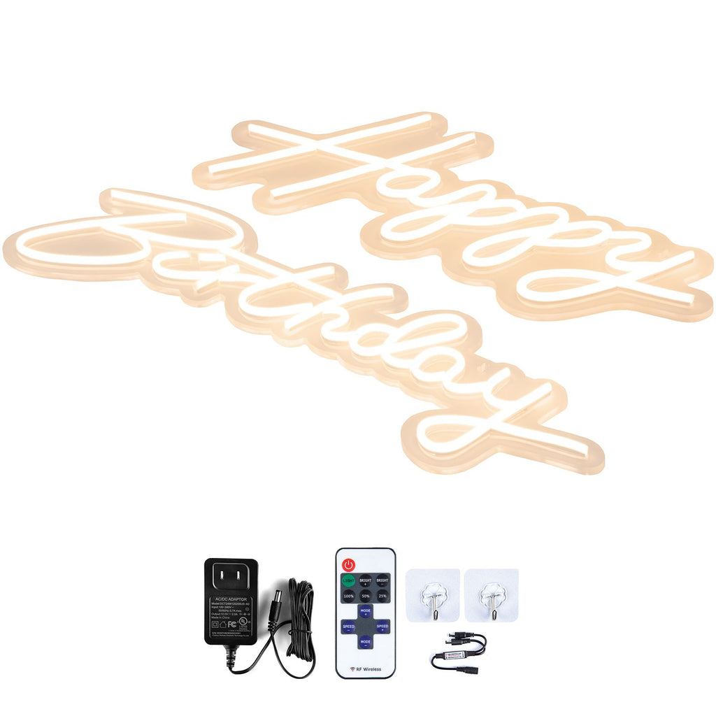 Happy Birthday Neon Sign, 16.5" x 8" + 23" x 8" LED Neon Lights Signs, Adjustable Brightness with Remote Control and Power Adapter, Reusable for Party, Club, Celebration and Decoration Warm