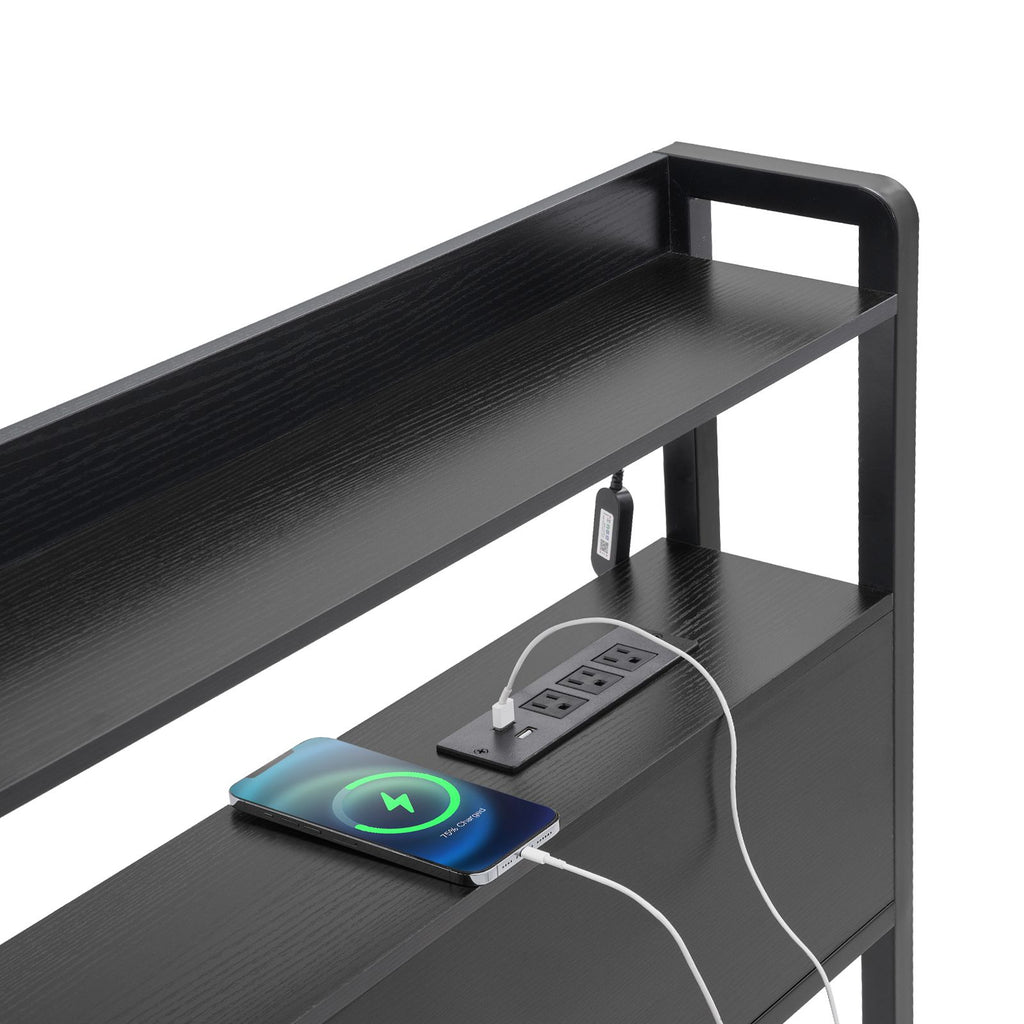 Headboard for King Size Bed, Adjustable Height Headboard with 2 Shelves Storage, Freestanding Head Board with Charging Station and LED Light for Different Bed Frames, Easy Assembly, Black
