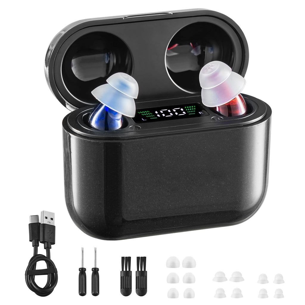 Hearing Aids for Seniors, Rechargeable Hearing Amplifiers With Noise Cancelling and Volume Control, Digital In-Ear Hearing Assist Device with Charging Case and 8 Pair of Ear Domes