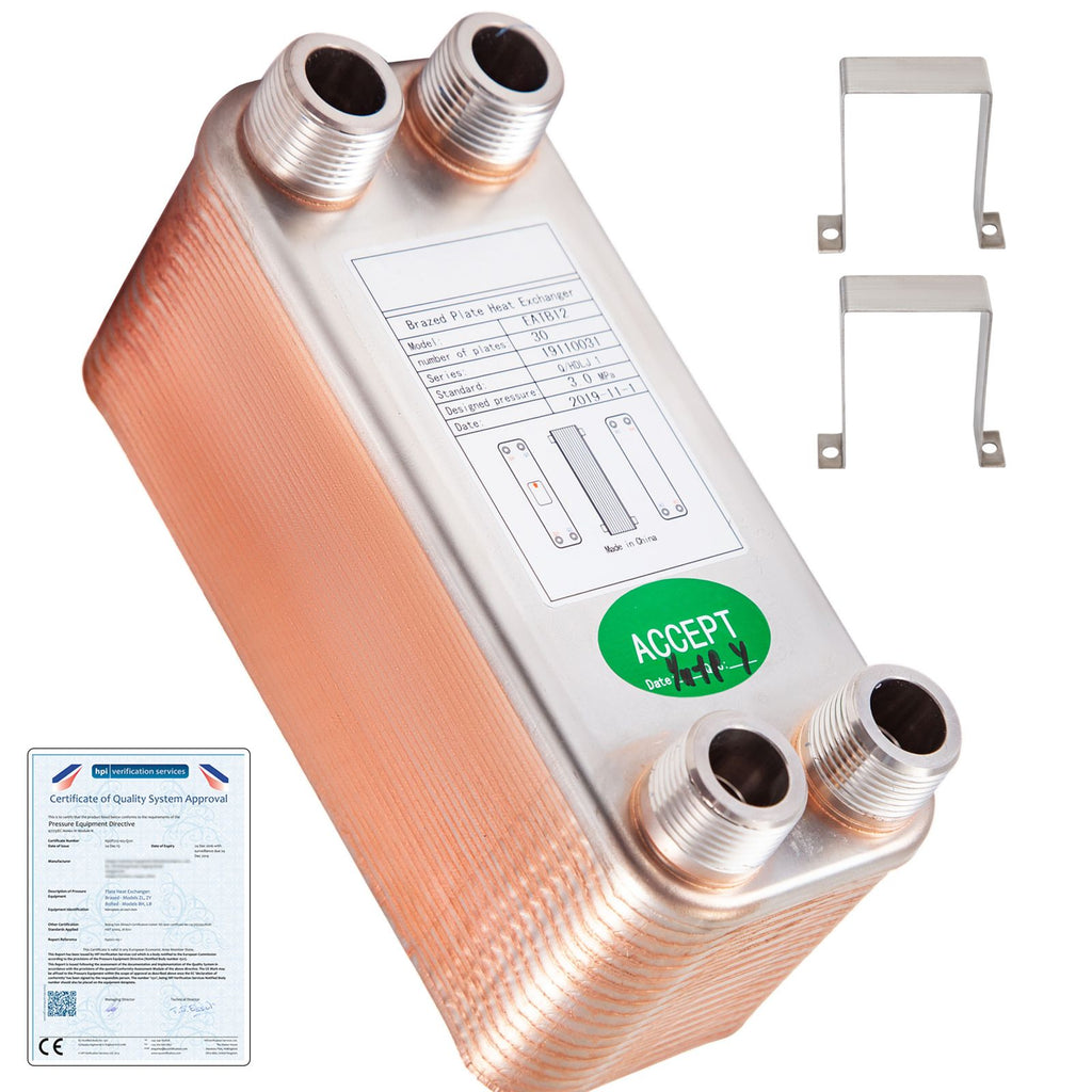 Heat Exchanger 3\"x7.5\" 30 Plates Brazed Plate Heat Exchanger 316L 3/4\" MPT Heat Exchanger B12-30 Beer Wort Chiller for Hydronic Heating