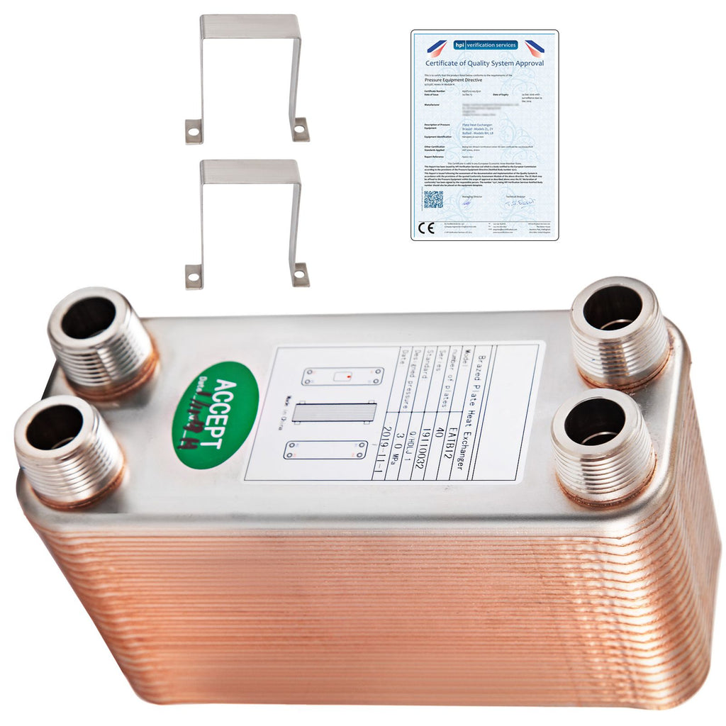 Heat Exchanger 3\"x7.5\" 40 Plates Brazed Plate Heat Exchanger 316L 3/4\" MPT Heat Exchanger B3-12A Beer Wort Chiller for Hydronic Heating