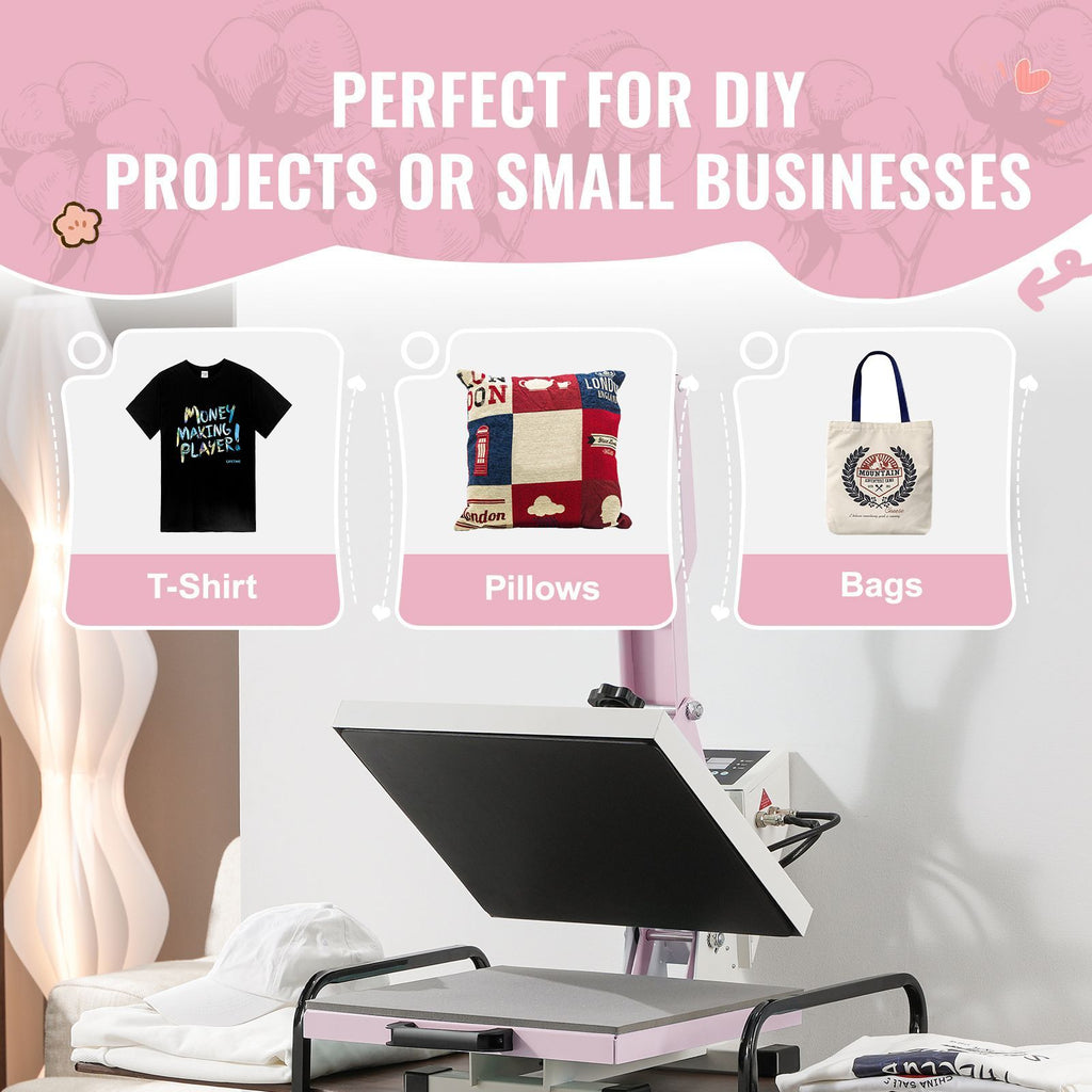 Heat Press, 15 x 15 inch Digital Heat Press Machine, Slide Out Heat Transfer Machine, Fast and Even Heating, 2-Layer Insulation Cotton, Heat Transfer Machine for T-Shirts/Pillows/Bags, Pink