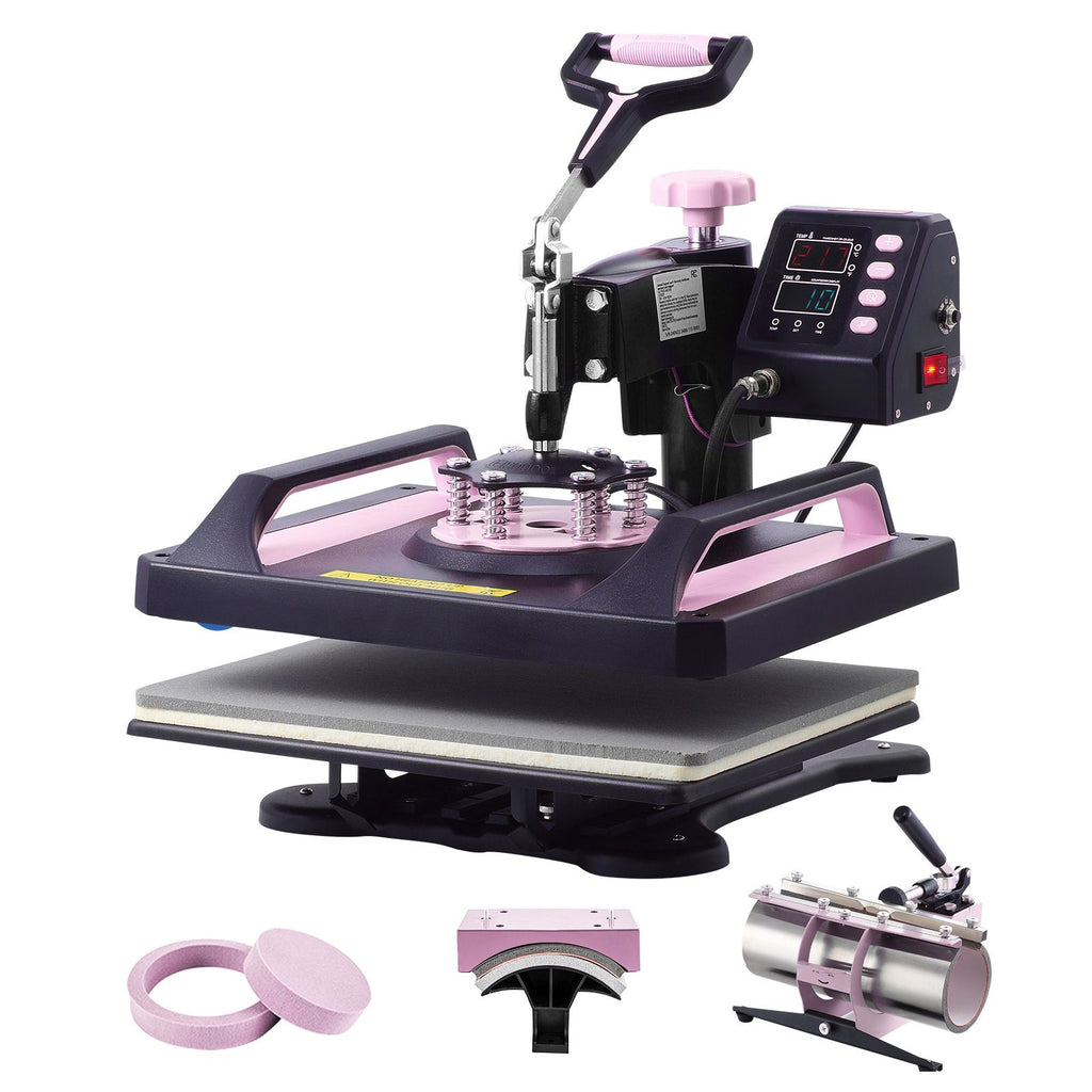 Heat Press Machine, 12 x 15 inch, 5 in 1 Heat Transfer Machine with 30 oz Tumbler Press, 360° Swing Away Digital T-Shirt Pressing, Teflon Coating, for T-Shirts/Mugs/Hats/Plates, Black+Pink