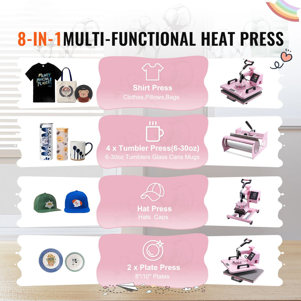 Heat Press Machine, 12 x 15 inch, 5 in 1 Heat Transfer Machine with 30 oz Tumbler Press, 360° Swing Away T-Shirt Pressing, Digital Precise Control, for T-Shirts/Mugs/Hats/Plates, Pink