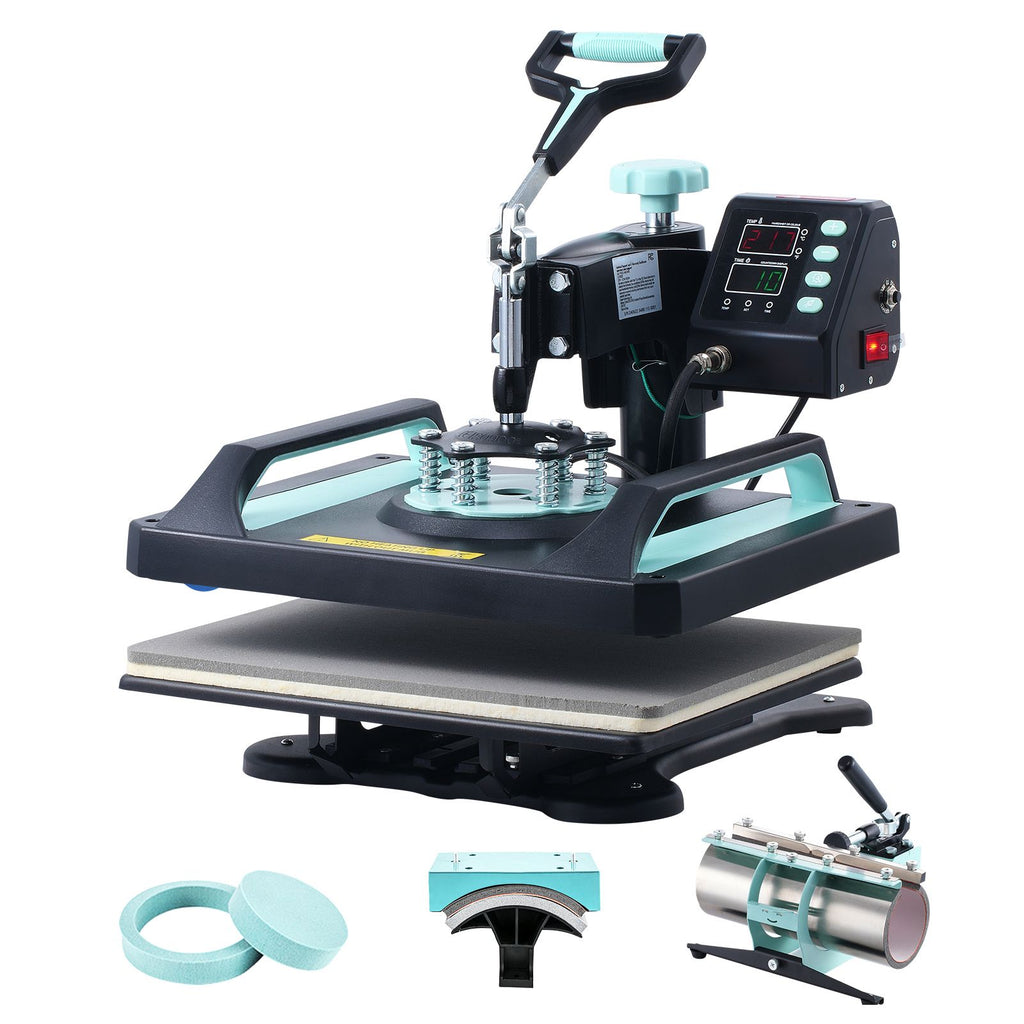 Heat Press Machine, 12 x 15 inch, 5 in 1 Heat Transfer Machine with 30oz Tumbler Press, 360° Swing Away Digital T-Shirt Pressing, Teflon Coating, for T-Shirts/Mugs/Hats/Plates, Black+Green