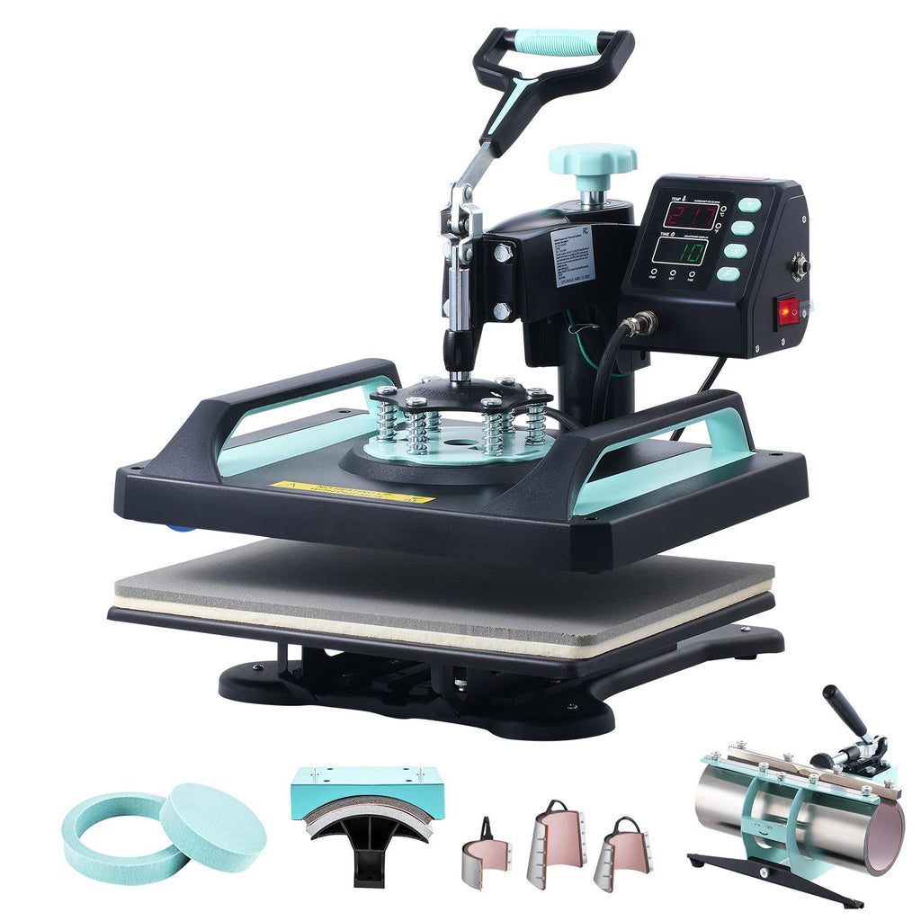Heat Press Machine, 12 x 15 inch, 8 in 1 Heat Transfer Machine with 30 oz Tumbler Press, 360° Swing Away Digital T-Shirt Pressing, Teflon Coating, for T-Shirts/Mugs/Hats/Plates, Black+Green