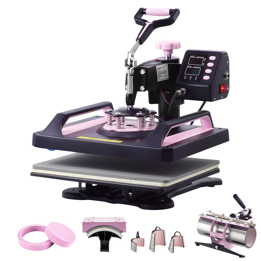 Heat Press Machine, 12 x 15 inch, 8 in 1 Heat Transfer Machine with 30 oz Tumbler Press, 360° Swing Away Digital T-Shirt Pressing, Teflon Coating, for T-Shirts/Mugs/Hats/Plates, Black+Pink