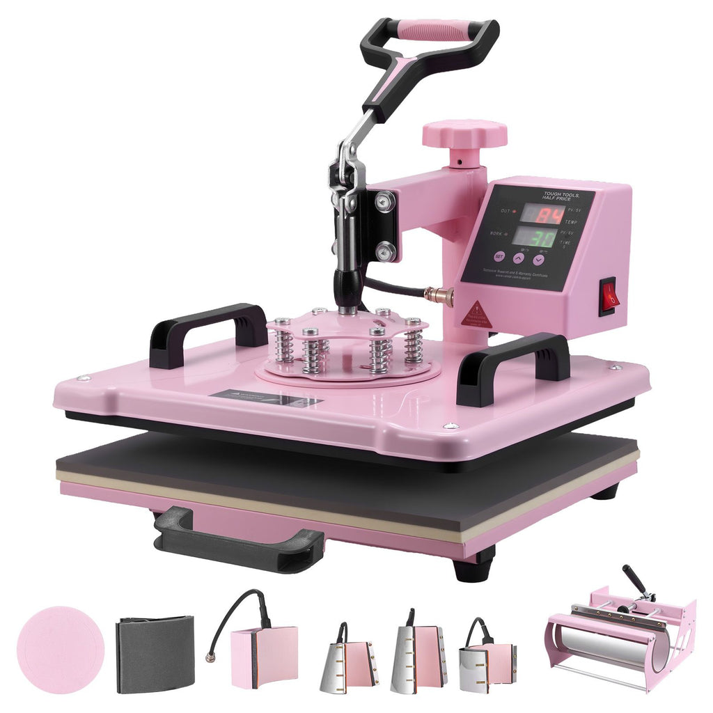 Heat Press Machine, 12 x 15 inch, 8 in 1 Heat Transfer Machine with 6-30 oz Tumbler Press, 360° Swing Away T-Shirt Pressing, Digital Precise Control, for T-Shirts/Mugs/Hats/Plates, Pink