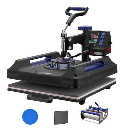 Heat Press Machine, 15 x 15 inch, 5 in 1 Heat Transfer Machine with 30 oz Tumbler Press, 360° Swing Away Digital T-Shirt Pressing, Teflon Coating, for T-Shirts/Mugs/Hats/Plates, Black+Blue