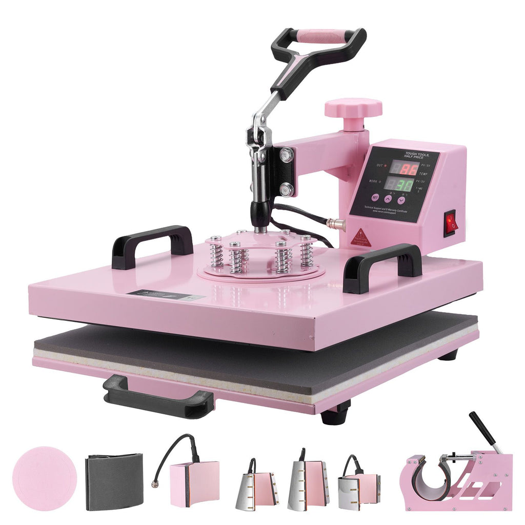 Heat Press Machine, 15 x 15 inch, 8 in 1 Heat Transfer Machine with 6-30 oz Tumbler Press, 360° Swing Away T-Shirt Pressing, Digital Precise Control, for T-Shirts/Mugs/Hats/Plates, Pink
