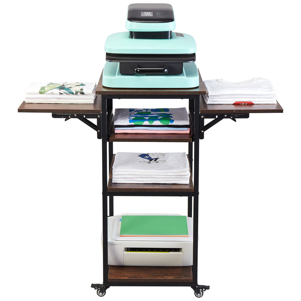 Heat Press Table with Charging Station, 4 Tier Movable Heat Press Stand, Foldable Heat Transfer Machine Stand with Wheels, Rolling Metal Workbench for Sublimation Transfer Machine, Brown