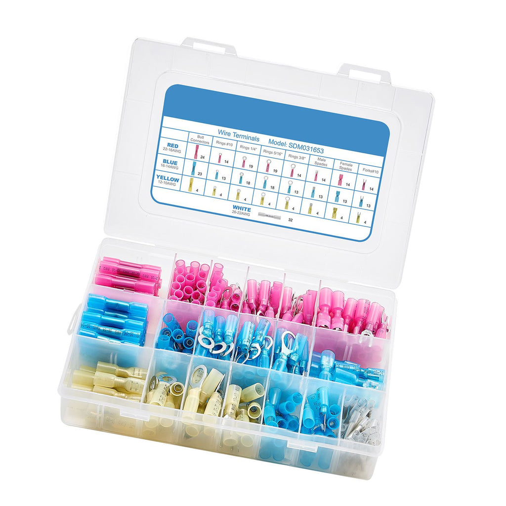 Heat Shrink Wire Connectors, 320PCS, Electrical Waterproof Crimp Connectors Terminals Kit, Insulated Butt Ring Fork Spade Splices, 26–22 22–16 16–14 12–10 Gauge, for Industrial Marine Automotive