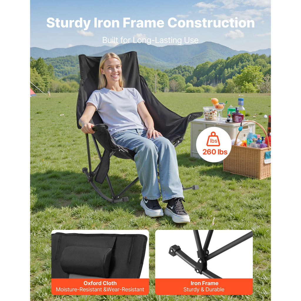 Heated Camping Chair, 3 Heating Settings, Large-Sized Padded Folding Rocker, Heavy Duty Outdoor Lawn Chairs with Pocket & Cupholder, Support 225lbs, Portable Heated Chair for Sports Winter Use