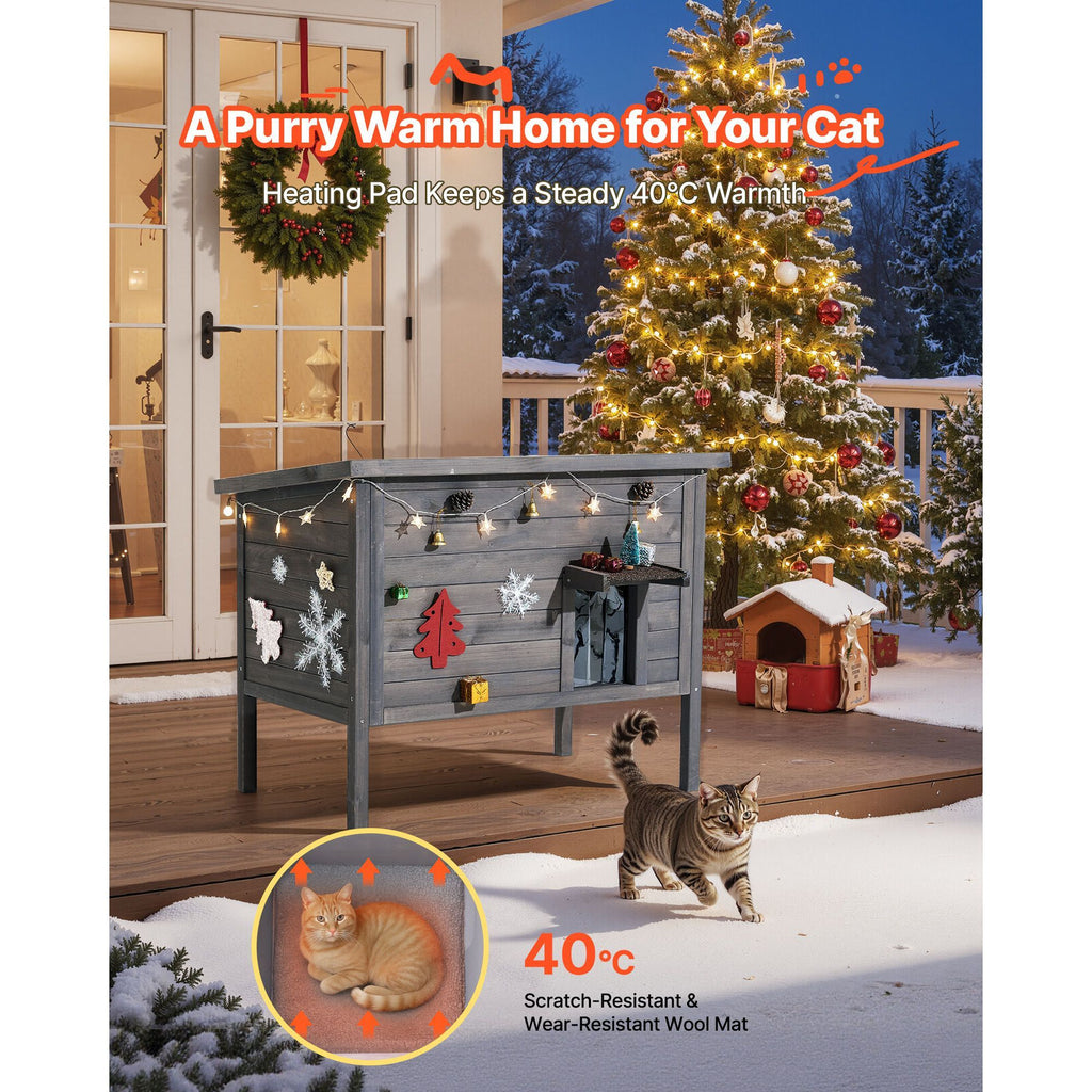 Heated Cat House, Insulated Wooden Cat House for Outdoor Cats, Waterproof Feral Kitty Shelter with Heating Pad, PVC Flap Door & Openable Asphalt Roof for 1-3 Cats in Winter, 34 x 21 x 27 in