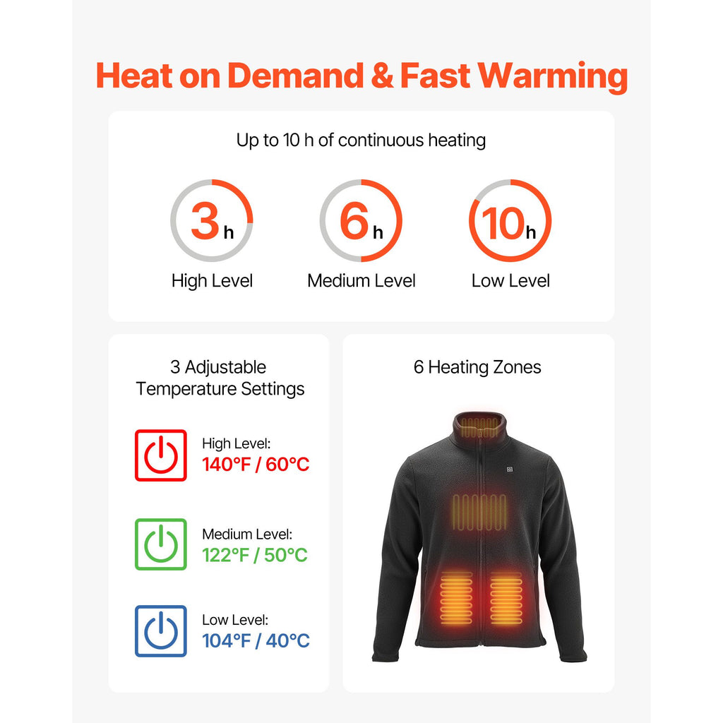 Heated Fleece Jacket for Men, Heated Sweatshirt with 7.4V 16000mAh Rechargeable Power Bank Pack, 6 Heating Zones, 3 Temp Levels, 3h/6h/10h Warmth, for Winter Outdoor Camping, Black, XL Size image 2