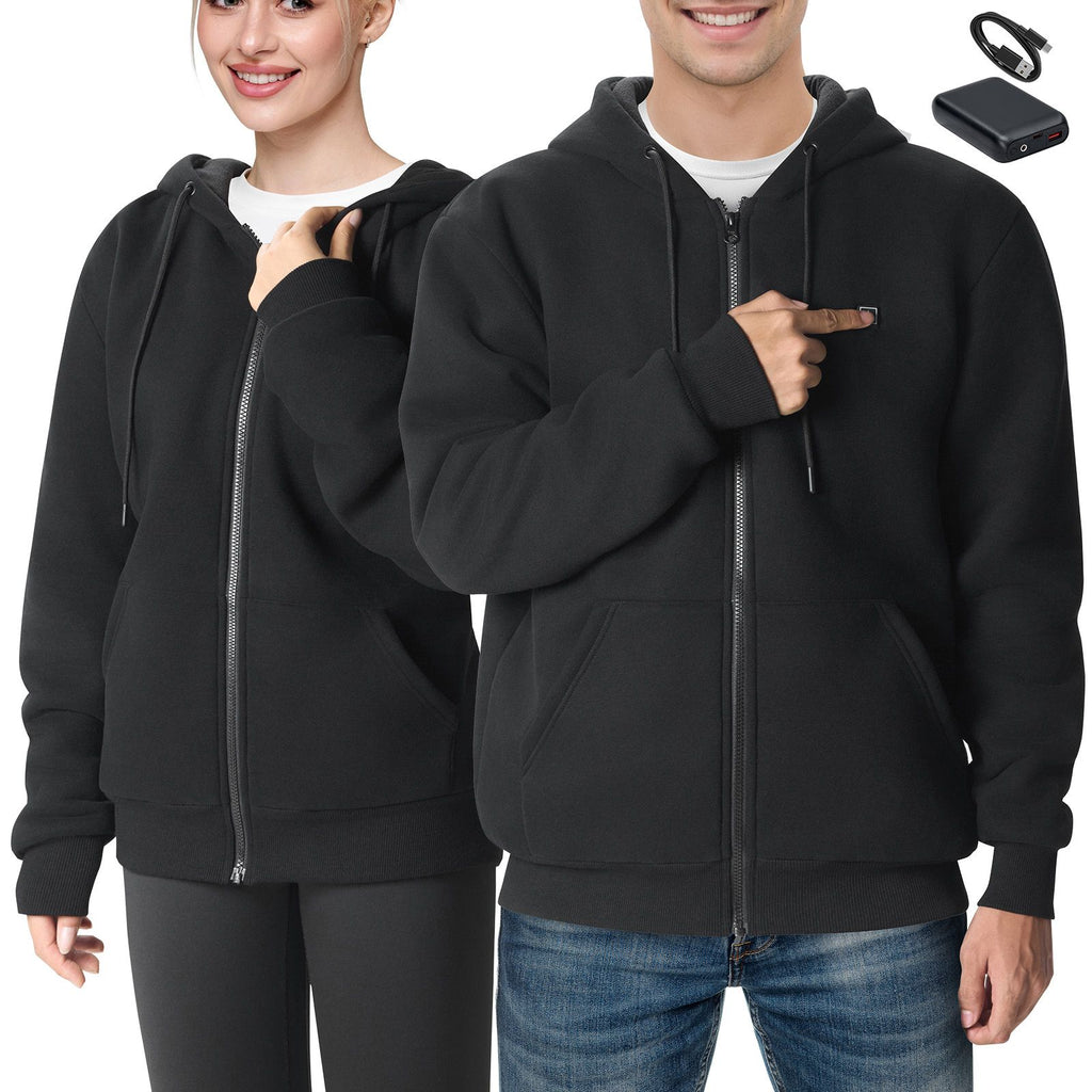 Heated Hoodie, Unisex Heated Sweatshirt with Battery Pack 7.4V, Zip Up Electric Jacket with 5 Heating Zones for Men & Women, Lightweight Warm Heated Outdoor Pullover for Camping, M Size Black