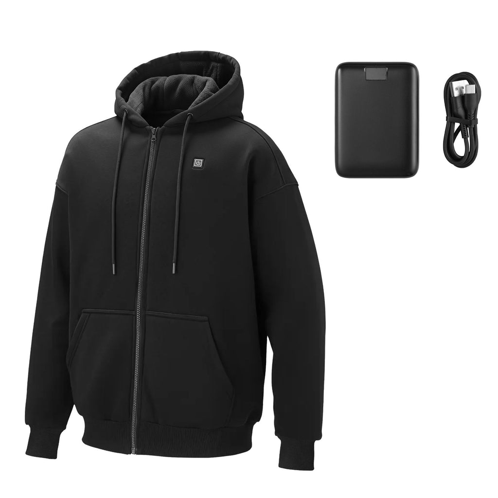 Heated Jacket Hoodie for Men Women, Heated Sweatshirt Unisex Full-Zip with 7.4V 16000mAh Power Bank Pack, 5 Heating Zones, 3 Temp Levels, 4-8H Warmth, for Winter Outdoor Camping, Black, L Size